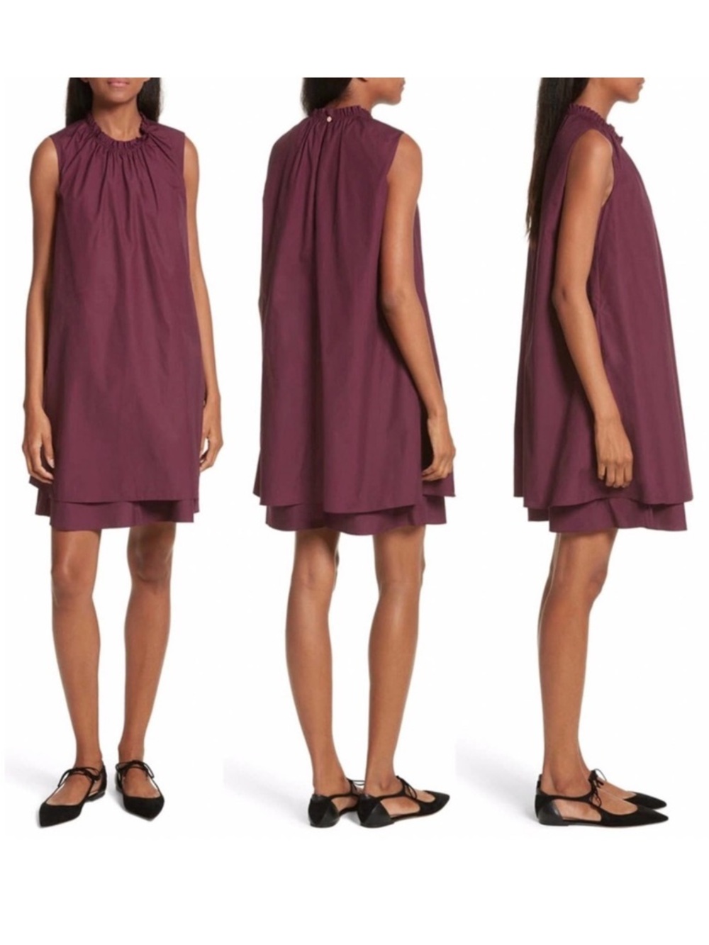 NWT Ted Baker Ezmay Plum Purple Shift Dress Sleeveless Ruffle Neck Size 5 US 12